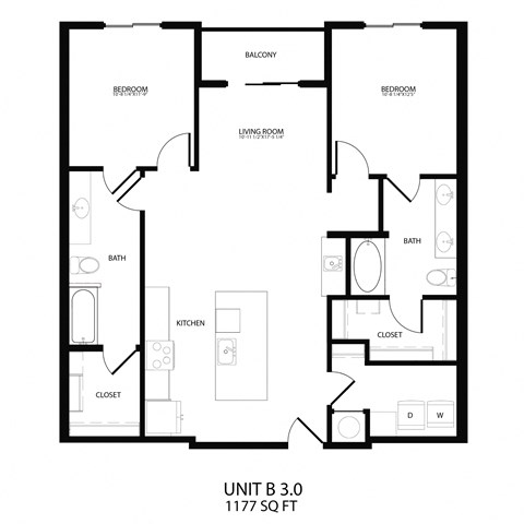 Floor plan for 2 beds, 2 baths, 1177 sqft